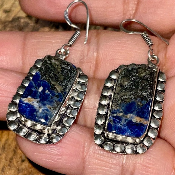 handmade & handcrafted gemstone jewelry Jewelry - Navy Sodalite with Pyrite Earrings 1 1/2”